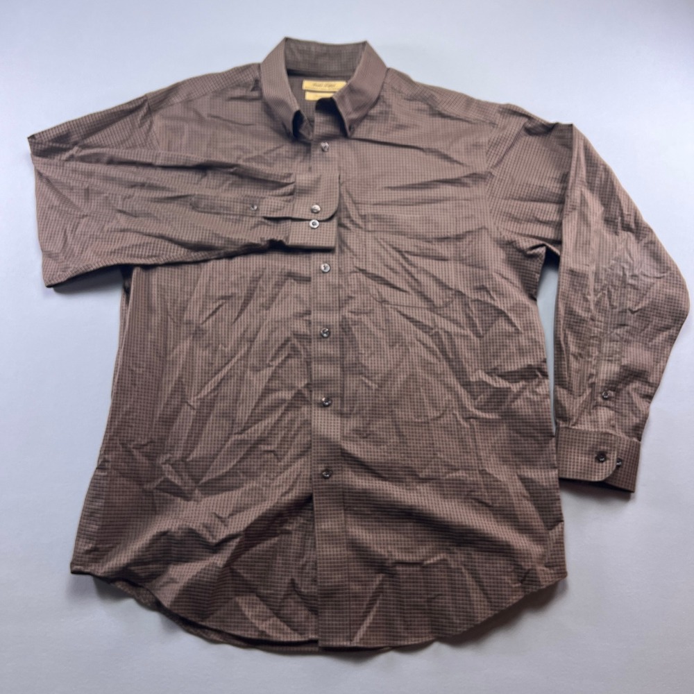 Roundtree & Yorke Gold Label Shirt Mens L Brown Check Cotton Button Up Non Iron